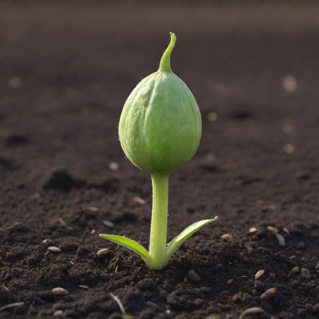 Visualize a friendly talking seed with human-like features. This charismatic seed sits amidst moist, fertile soil as it animatedly conveys tales of nature, growth, and resilience under a gentle glow of sunlight.