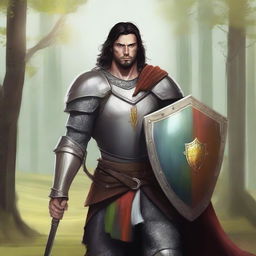 Illustration of a 30-year-old Baltic pagan warrior with dark hair, wearing simple steel armor