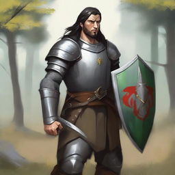 Illustration of a 30-year-old Baltic pagan warrior with dark hair, wearing simple steel armor