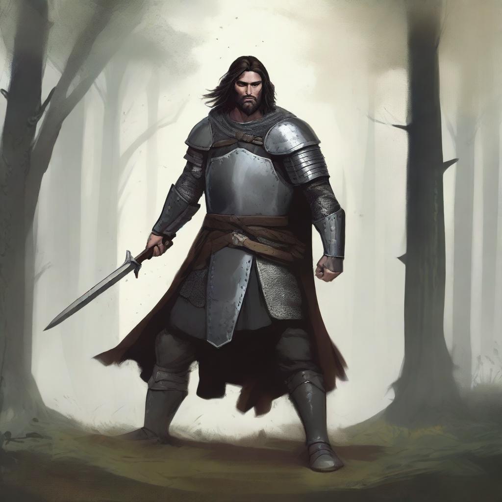 Illustration of a 30-year-old Baltic pagan warrior with dark hair, wearing simple steel armor