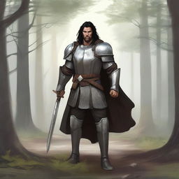 Illustration of a 30-year-old Baltic pagan warrior with dark hair, wearing simple steel armor