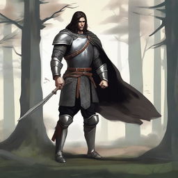 Illustration of a 30-year-old Baltic pagan warrior with dark hair, wearing simple steel armor