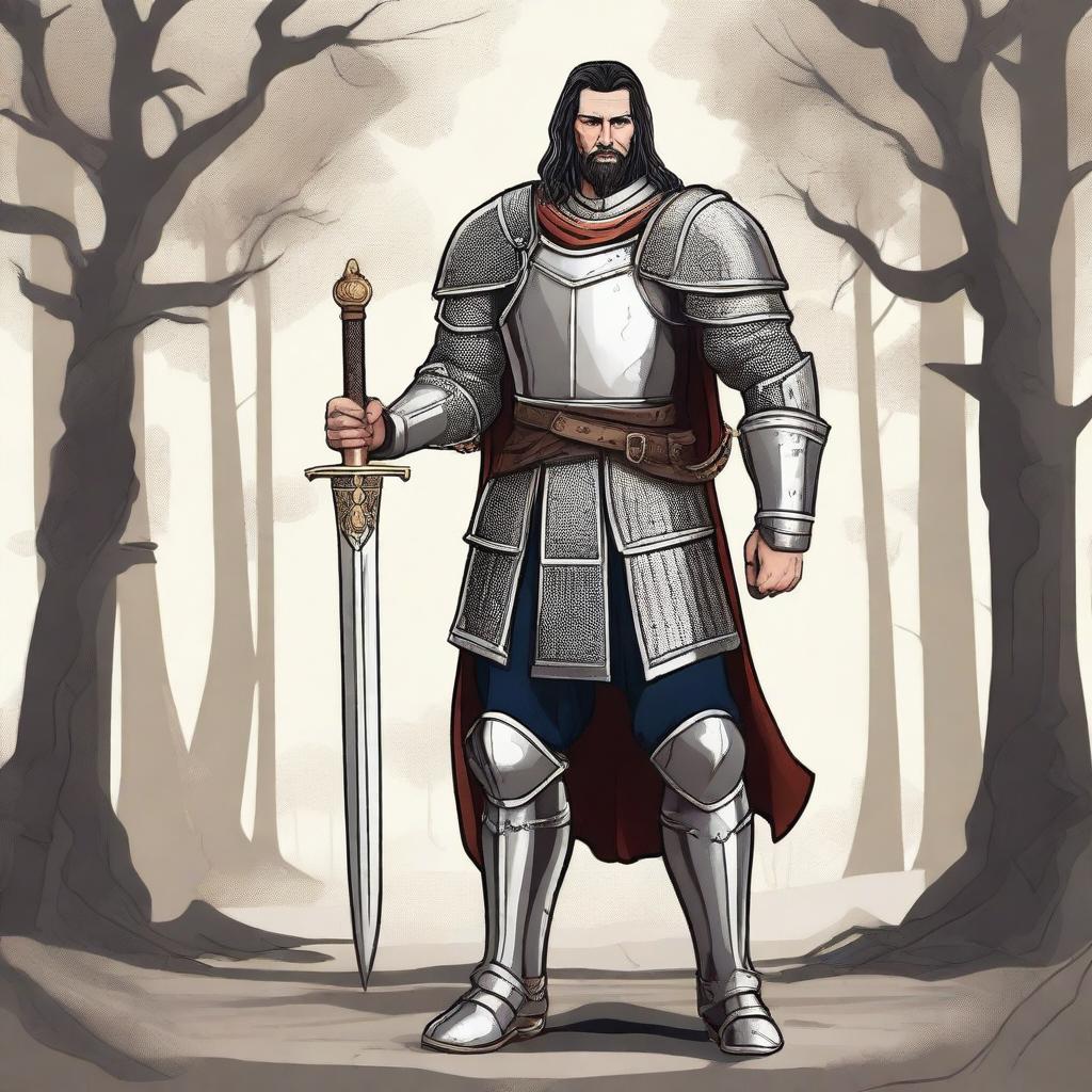 Illustration of a 30-year-old honorable Baltic pagan knight with dark hair, wearing ornate armor that signifies honor and tradition