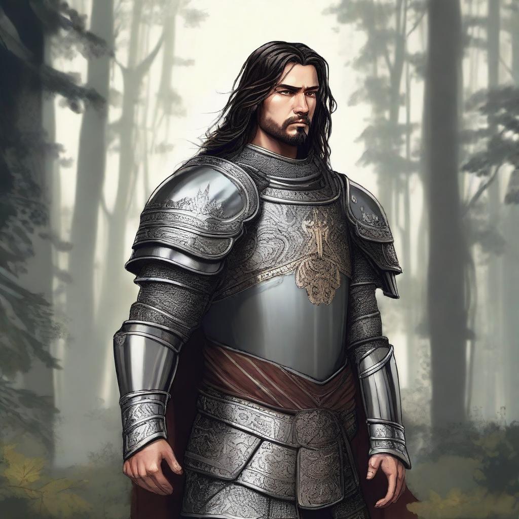 Illustration of a 30-year-old honorable Baltic pagan knight with dark hair, wearing ornate armor that signifies honor and tradition