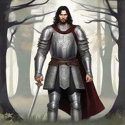 Illustration of a 30-year-old honorable Baltic pagan knight with dark hair, wearing ornate armor that signifies honor and tradition