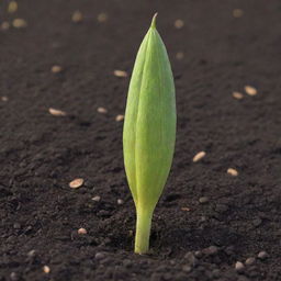 Visualize a friendly talking seed with human-like features. This charismatic seed sits amidst moist, fertile soil as it animatedly conveys tales of nature, growth, and resilience under a gentle glow of sunlight.