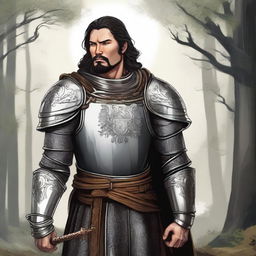 Illustration of a 30-year-old honorable Baltic pagan knight with dark hair, wearing ornate armor that signifies honor and tradition