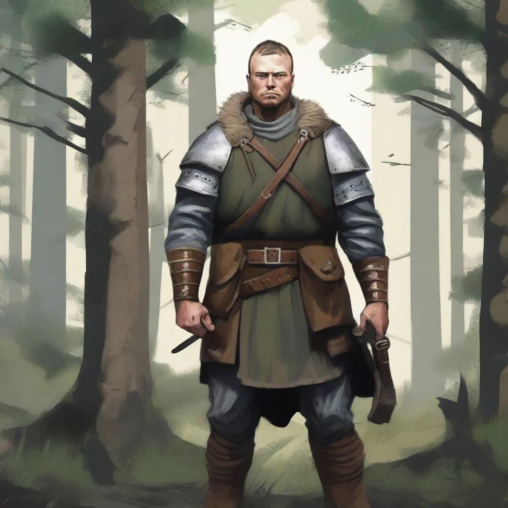 Illustration of a Baltic pagan militiaman with simple yet sturdy armor and traditional weapons