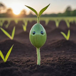 Visualize a friendly talking seed with human-like features. This charismatic seed sits amidst moist, fertile soil as it animatedly conveys tales of nature, growth, and resilience under a gentle glow of sunlight.