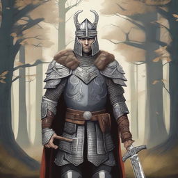 Illustration of an honorable Baltic pagan holy warrior adorned in ceremonial armor with sacred symbols