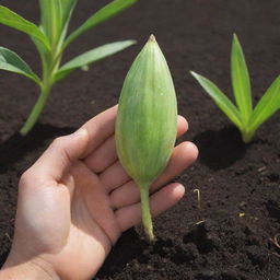 Visualize a friendly talking seed with human-like features. This charismatic seed sits amidst moist, fertile soil as it animatedly conveys tales of nature, growth, and resilience under a gentle glow of sunlight.