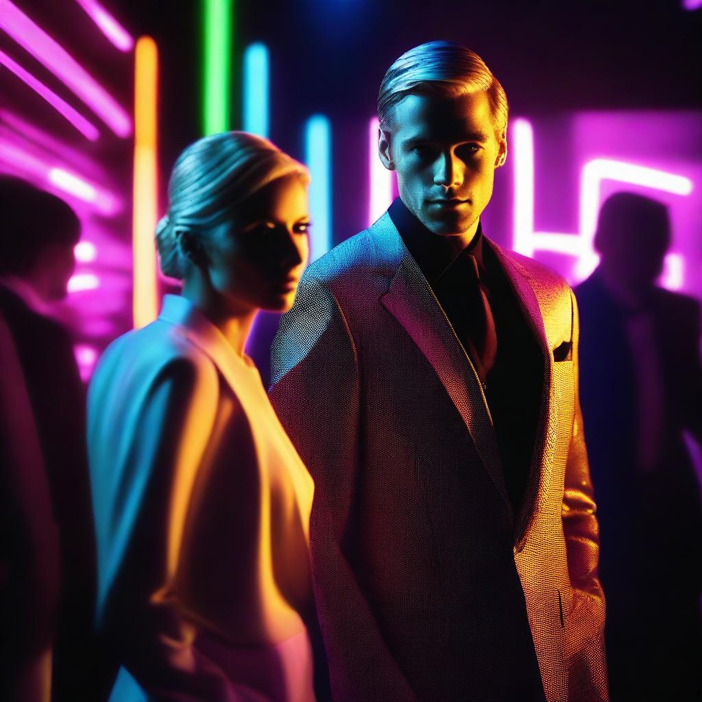 Sleek and stylish nightclub scene, with vibrant neon lights illuminating the background