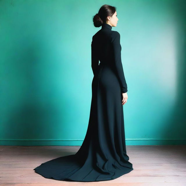 A photo of a young woman in a long, form-fitting, modest black mourning dress