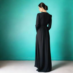 A photo of a young woman in a long, form-fitting, modest black mourning dress