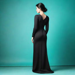 A photo of a young woman in a long, form-fitting, modest black mourning dress