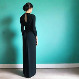 A photo of a young woman in a long, form-fitting, modest black mourning dress