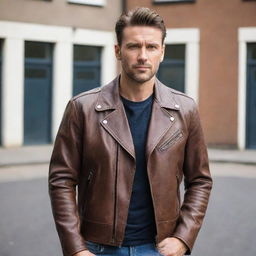 A man dressed in a stylish brown leather biker jacket, oozing with confidence.