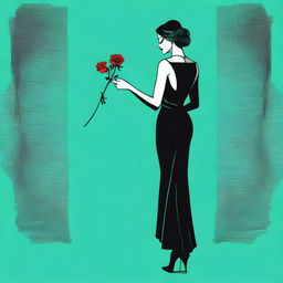 A young woman in a long, form-fitting black mourning dress stands with her back to the viewer, slightly turned to the side
