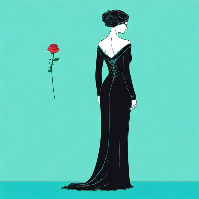 A young woman in a long, form-fitting black mourning dress stands with her back to the viewer, slightly turned to the side