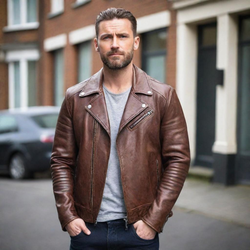 A man dressed in a stylish brown leather biker jacket, oozing with confidence.