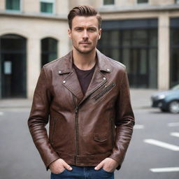 A man dressed in a stylish brown leather biker jacket, oozing with confidence.