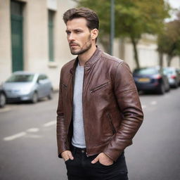 A man dressed in a stylish brown leather biker jacket, oozing with confidence.