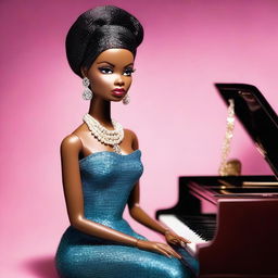 A stylish and elegant depiction of Barbie as Nina Simone, blending the iconic Barbie look with the soulful and powerful presence of Nina Simone