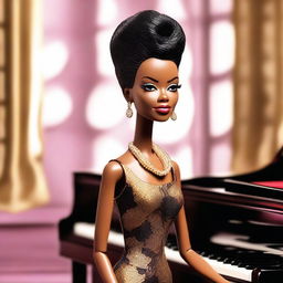 A stylish and elegant depiction of Barbie as Nina Simone, blending the iconic Barbie look with the soulful and powerful presence of Nina Simone