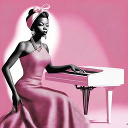 A stylish and elegant depiction of Nina Simone as Barbie, blending the iconic Barbie look with the soulful and powerful presence of Nina Simone