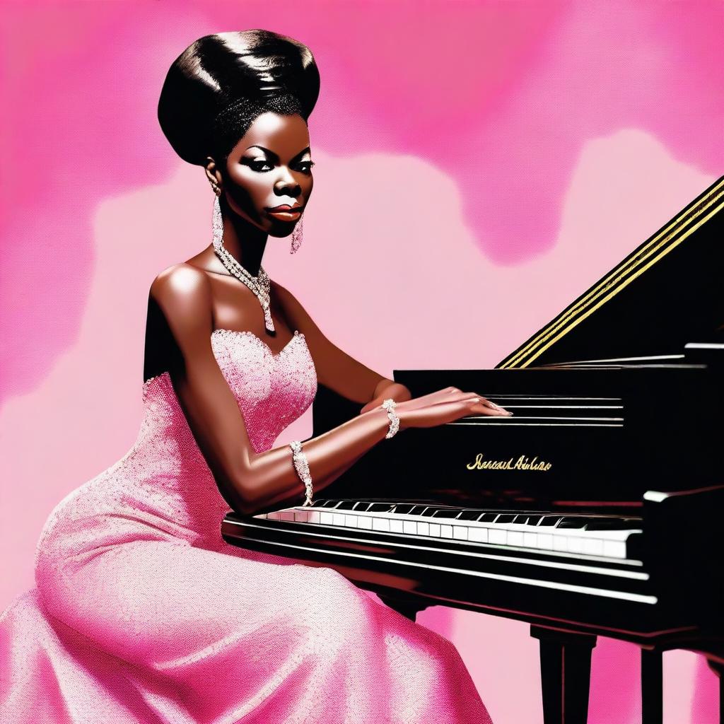 A stylish and elegant depiction of Nina Simone as Barbie, blending the iconic Barbie look with the soulful and powerful presence of Nina Simone