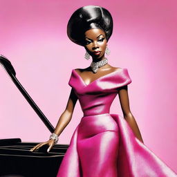 A stylish and elegant depiction of Nina Simone as Barbie, blending the iconic Barbie look with the soulful and powerful presence of Nina Simone