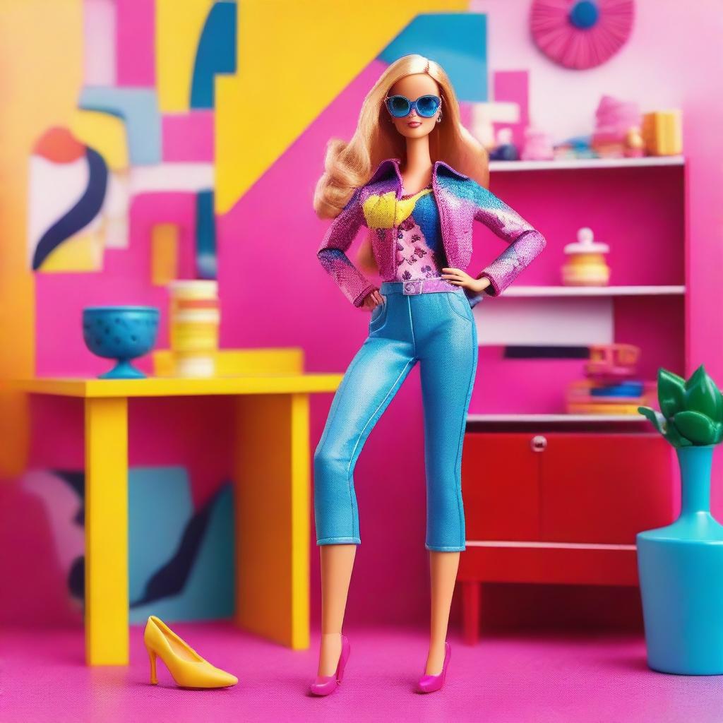 A vibrant and colorful image of Barbie in a modern, stylish outfit