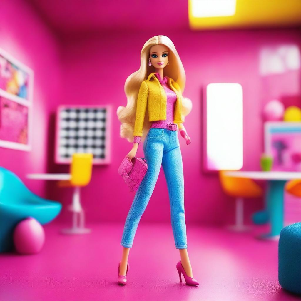 A vibrant and colorful image of Barbie in a modern, stylish outfit