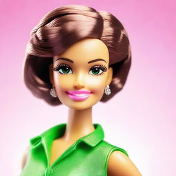 A stylish and elegant depiction of Barbie with short, curly hair, a slender build, and green eyes