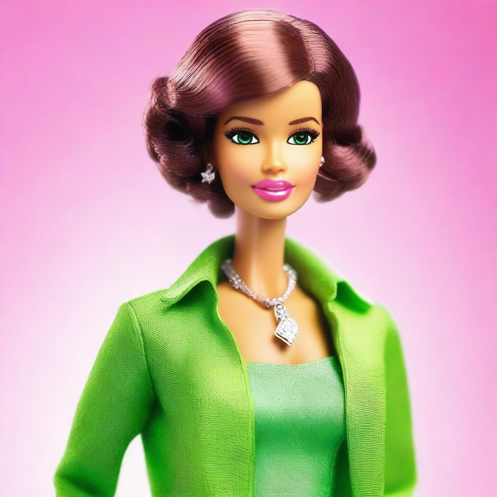 A stylish and elegant depiction of Barbie with short, curly hair, a slender build, and green eyes