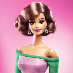 A stylish and elegant depiction of Barbie with short, curly hair, a slender build, and green eyes