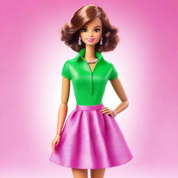 A stylish and elegant depiction of Barbie with short, curly hair, a slender build, and green eyes