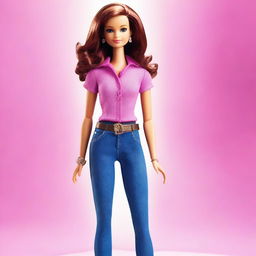 A stylish and elegant depiction of Barbie with short, curly brown hair, a slender build, and brown eyes