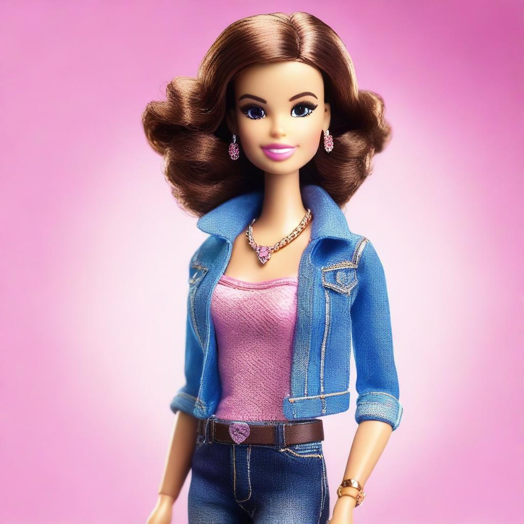 A stylish and elegant depiction of Barbie with short, curly brown hair, a slender build, and brown eyes