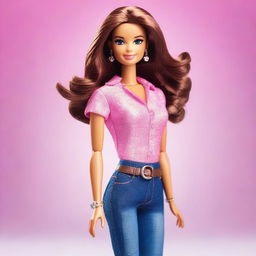 A stylish and elegant depiction of Barbie with short, frizzy brown hair, a slender build, and brown eyes