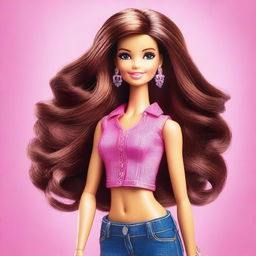 A stylish and elegant depiction of Barbie with short, frizzy brown hair, a slender build, and brown eyes