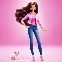 A stylish and elegant depiction of Barbie with short, frizzy brown hair, a slender build, and brown eyes