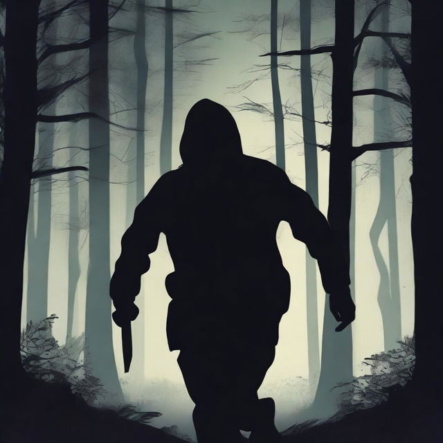 A person frantically running through a dark, eerie forest at night, looking over their shoulder in terror as a menacing figure with a knife chases them