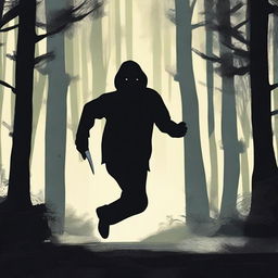 A person frantically running through a dark, eerie forest at night, looking over their shoulder in terror as a menacing figure with a knife chases them