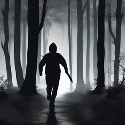 A person frantically running through a dark, eerie forest at night, looking over their shoulder in terror as a menacing figure with a knife chases them