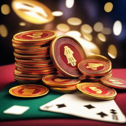 A vibrant and dynamic image featuring a pile of casino coins and playing cards