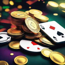 A vibrant and dynamic image featuring a pile of casino coins and playing cards