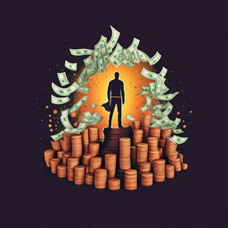 Logo for 'Boundless Success', depicting an anonymous man standing atop a pile of money, designed in harmonious colors