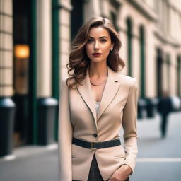 A beautiful woman with striking features, wearing fashionable attire, standing confidently in an urban setting