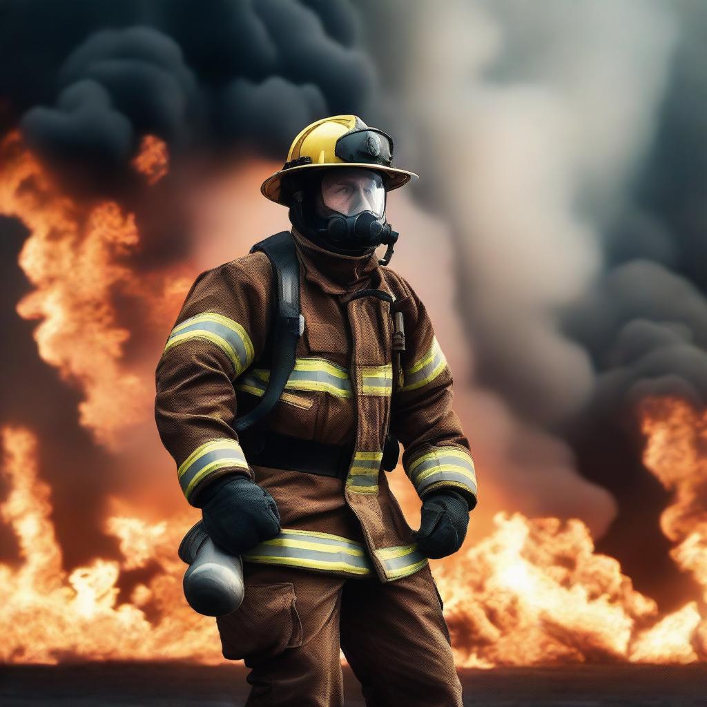 A brave firefighter in full gear laying a hose, ready to fight a fire